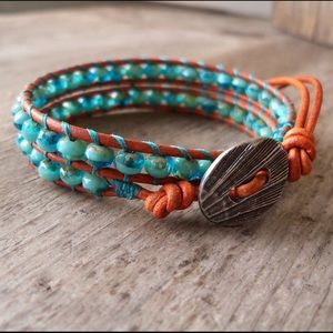 Boho Leather Double Wrap Bracelet, Turquoise Beads